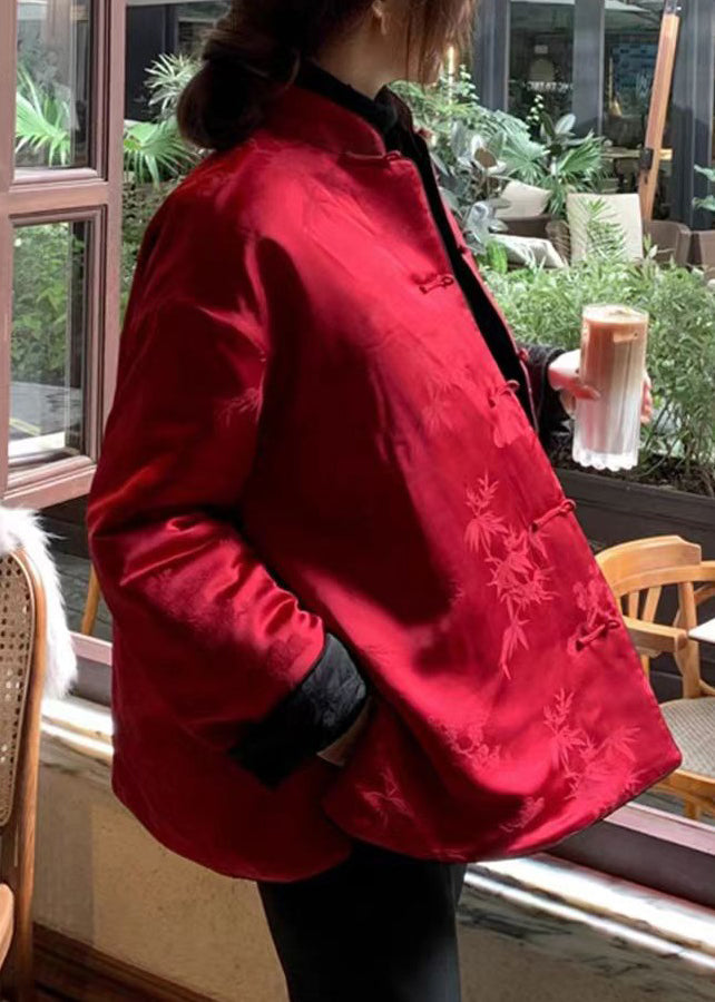 New Red Stand Collar Chinese Button Side Open Cotton Filled Coats Spring