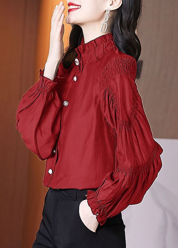 New Red Stand Collar Wrinkled Button Cotton Blouse Fall