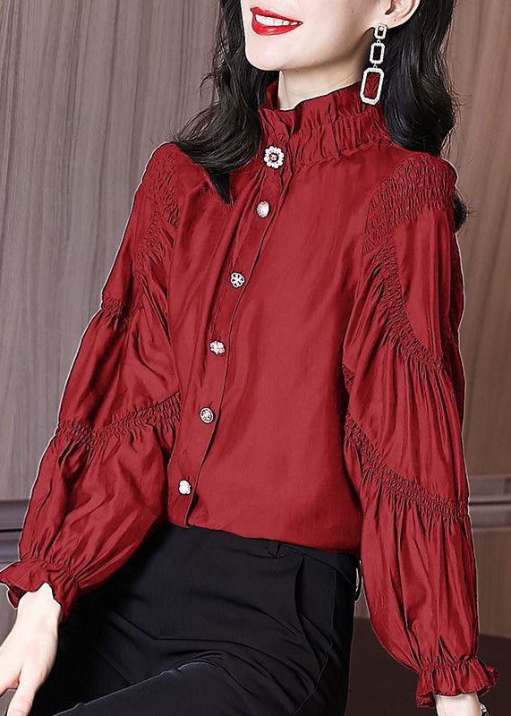 New Red Stand Collar Wrinkled Button Cotton Blouse Fall