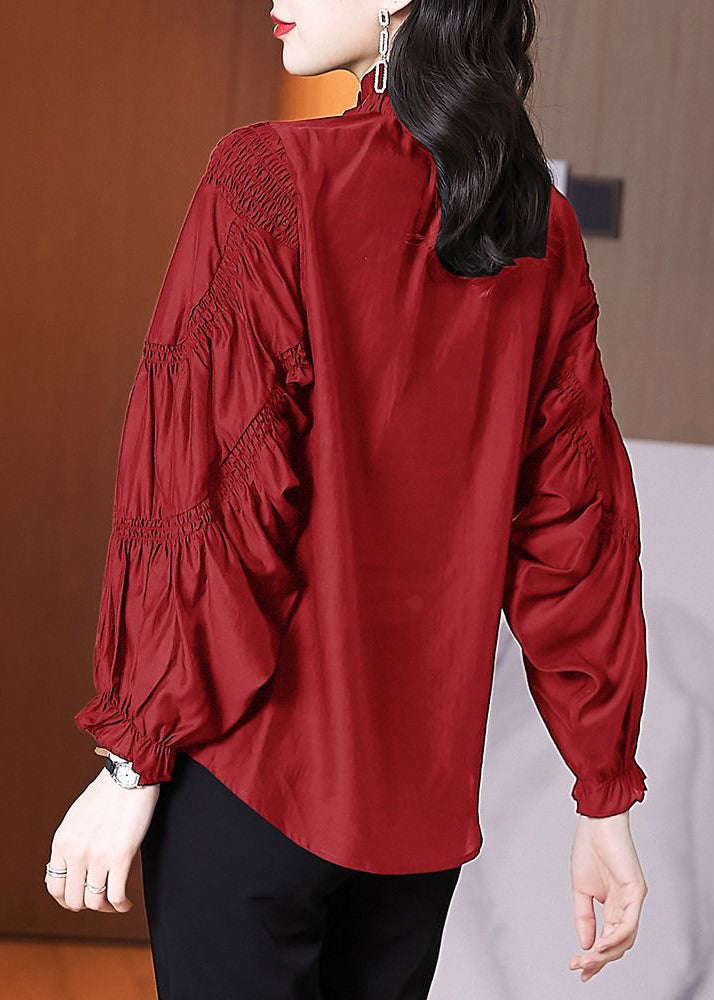 New Red Stand Collar Wrinkled Button Cotton Blouse Fall