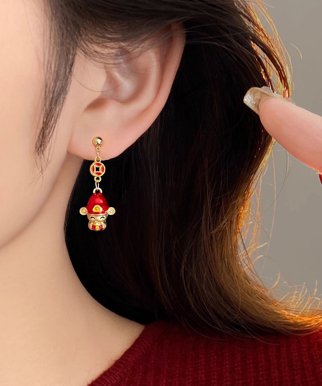 New Red Sterling Silver Overgild God Of WealthDrop Earrings