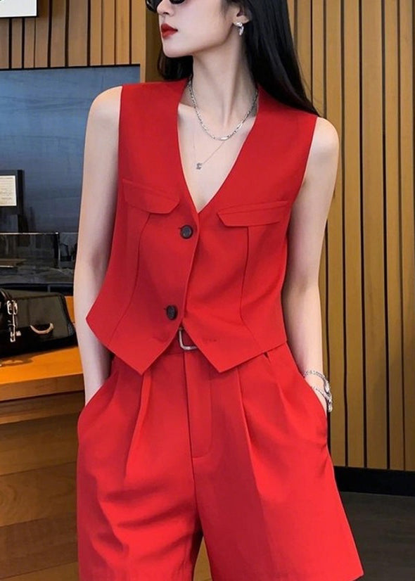 New Red V Neck Button Waistcoat And Shorts Spandex Two Pieces Set Sleeveless