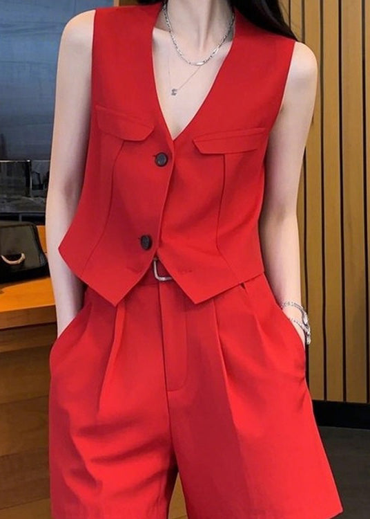 New Red V Neck Button Waistcoat And Shorts Spandex Two Pieces Set Sleeveless
