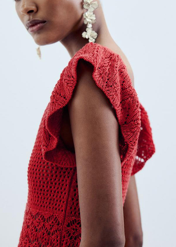 New Red V Neck Hollow Out Knit Mini Dresses Sleeveless