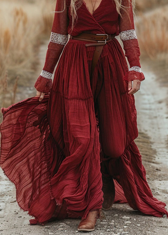 New Red V Neck Lace Patchwork Cotton Long Dresses Spring