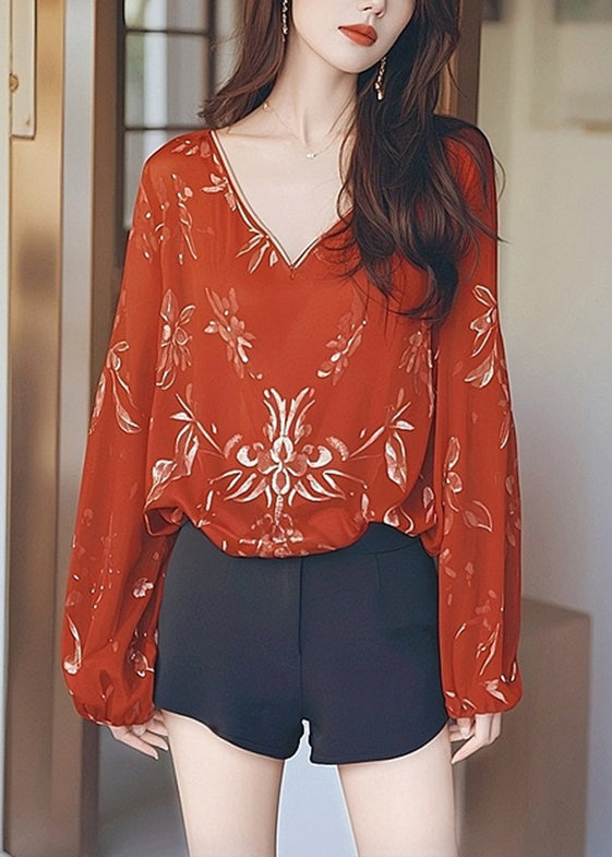 New Red V Neck Print Ice Silk T Shirt Fall