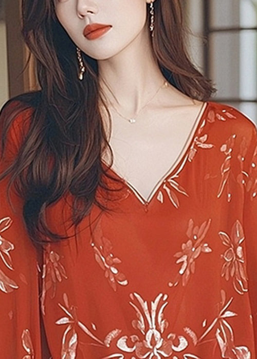 New Red V Neck Print Ice Silk T Shirt Fall
