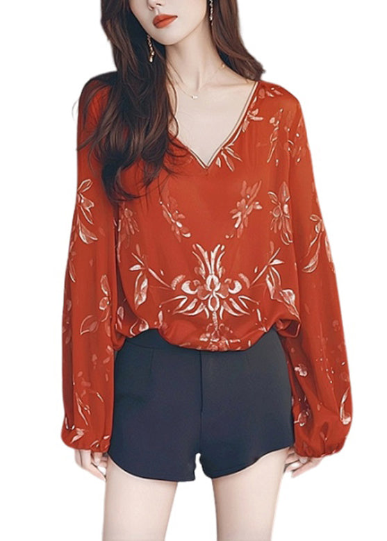 New Red V Neck Print Ice Silk T Shirt Fall