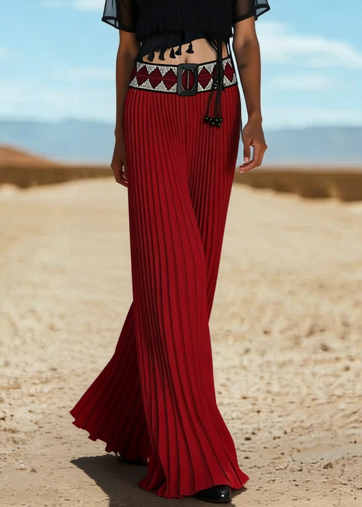 New Red Wrinkled Knit Patchwork Wide Leg Pants Summer - Omychic