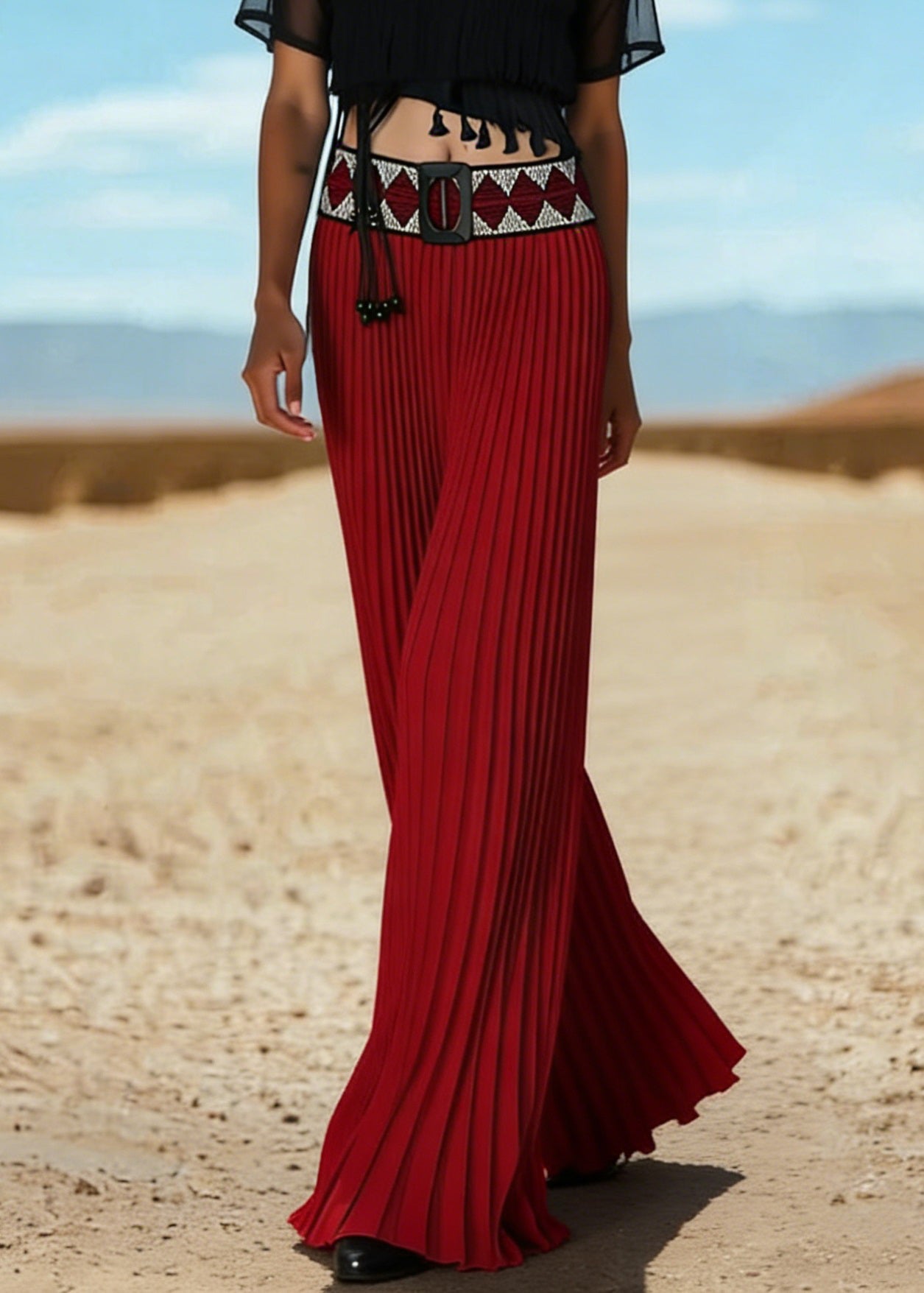 New Red Wrinkled Knit Patchwork Wide Leg Pants Summer - Omychic