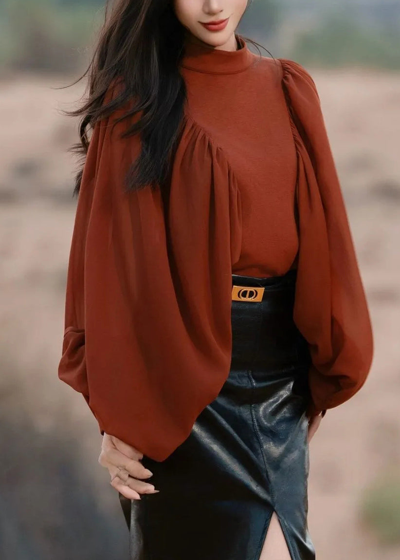 New Red Wrinkled Zippered Solid Chiffon Patchwork Blouses Fall