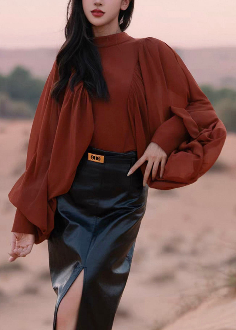 New Red Wrinkled Zippered Solid Chiffon Patchwork Blouses Fall