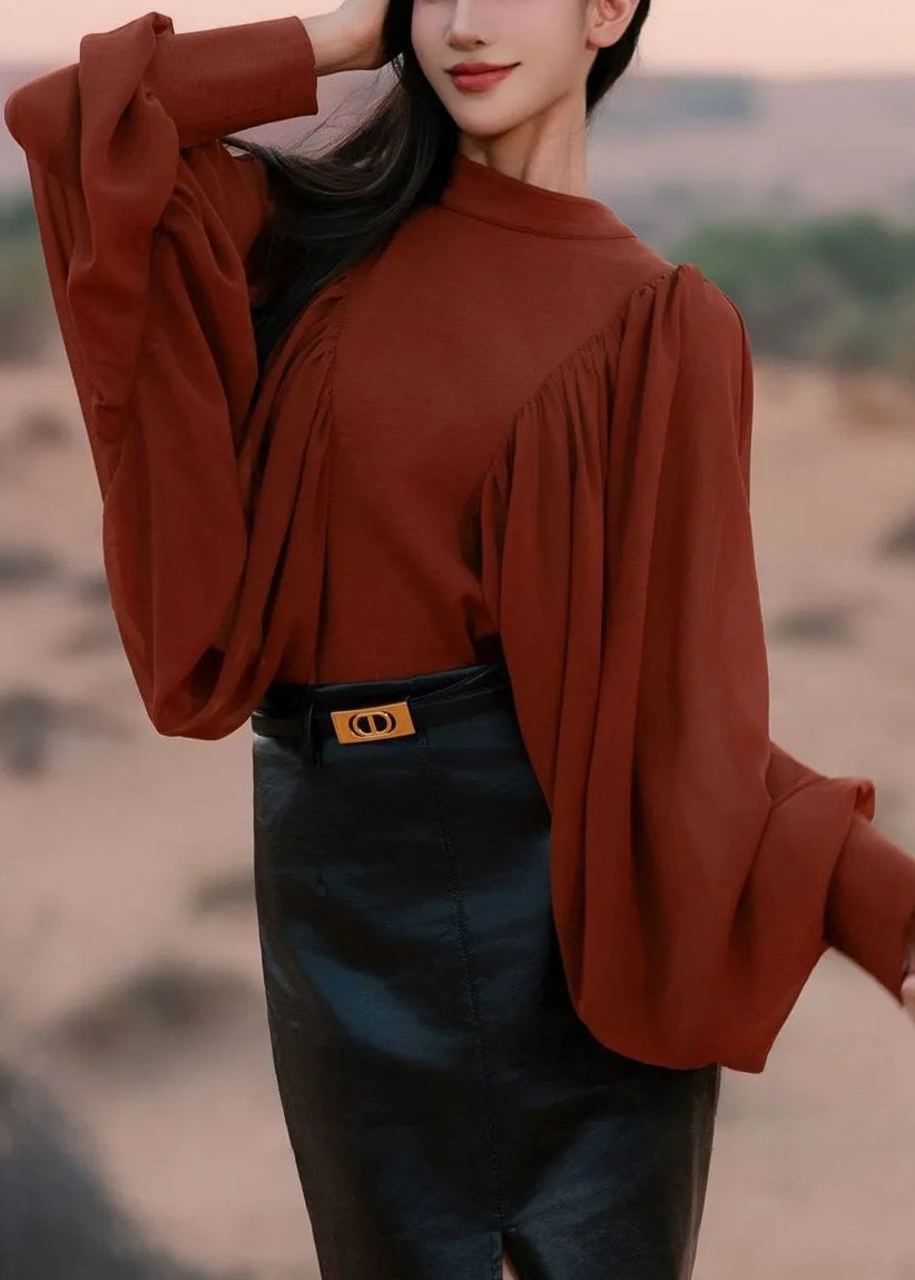 New Red Wrinkled Zippered Solid Chiffon Patchwork Blouses Fall