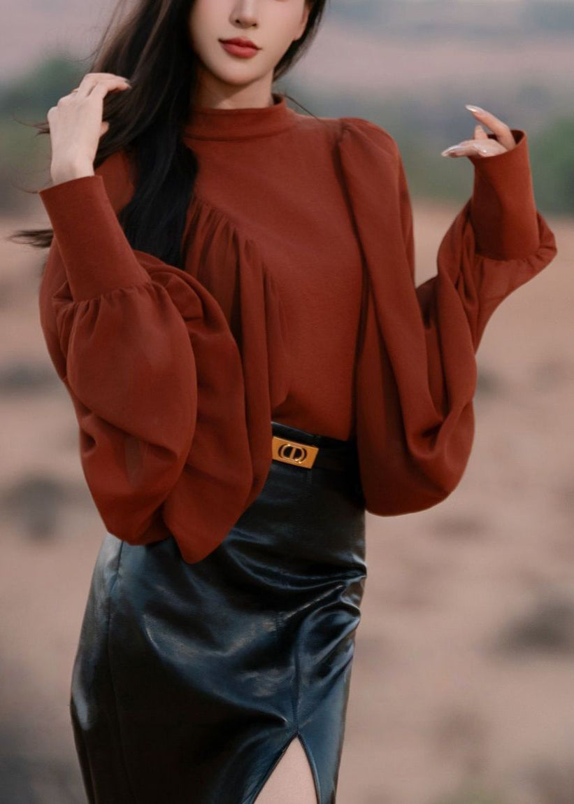 New Red Wrinkled Zippered Solid Chiffon Patchwork Blouses Fall