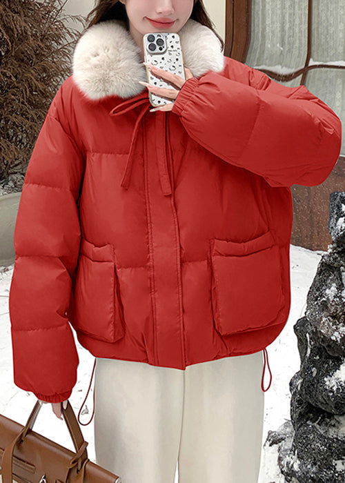 New Red Zippered Lace Up Pockets Duck Down Winter Coats