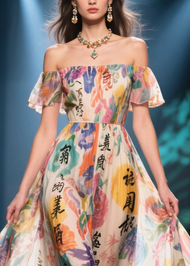 New Retro Apricot Cold Shoulder Print Chiffon Strapless Dress Summer