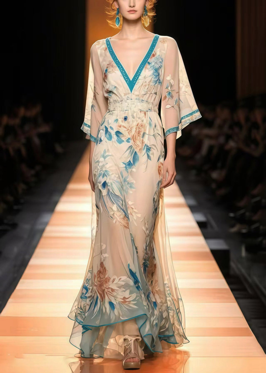 New Retro Apricot Print Chiffon Long Dress Flare Sleeve