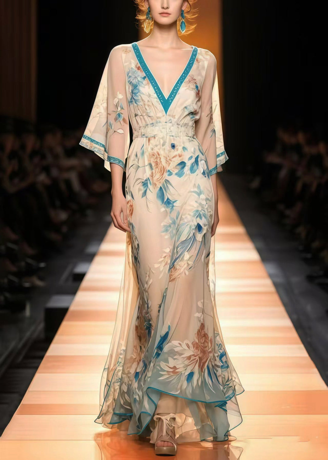 New Retro Apricot Print Chiffon Long Dress Flare Sleeve