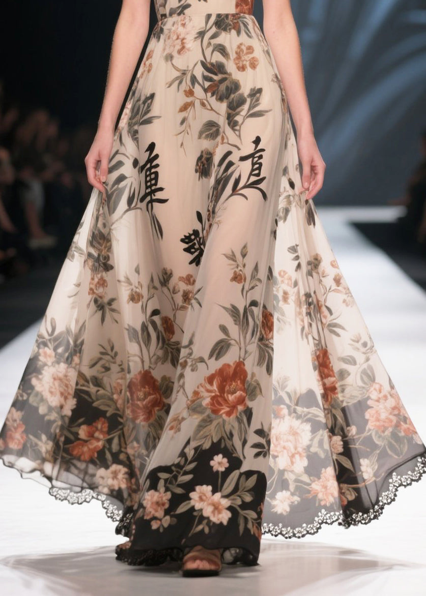 New Retro Apricot Print Exra Large Hem Chiffon Strapless Dress Summer