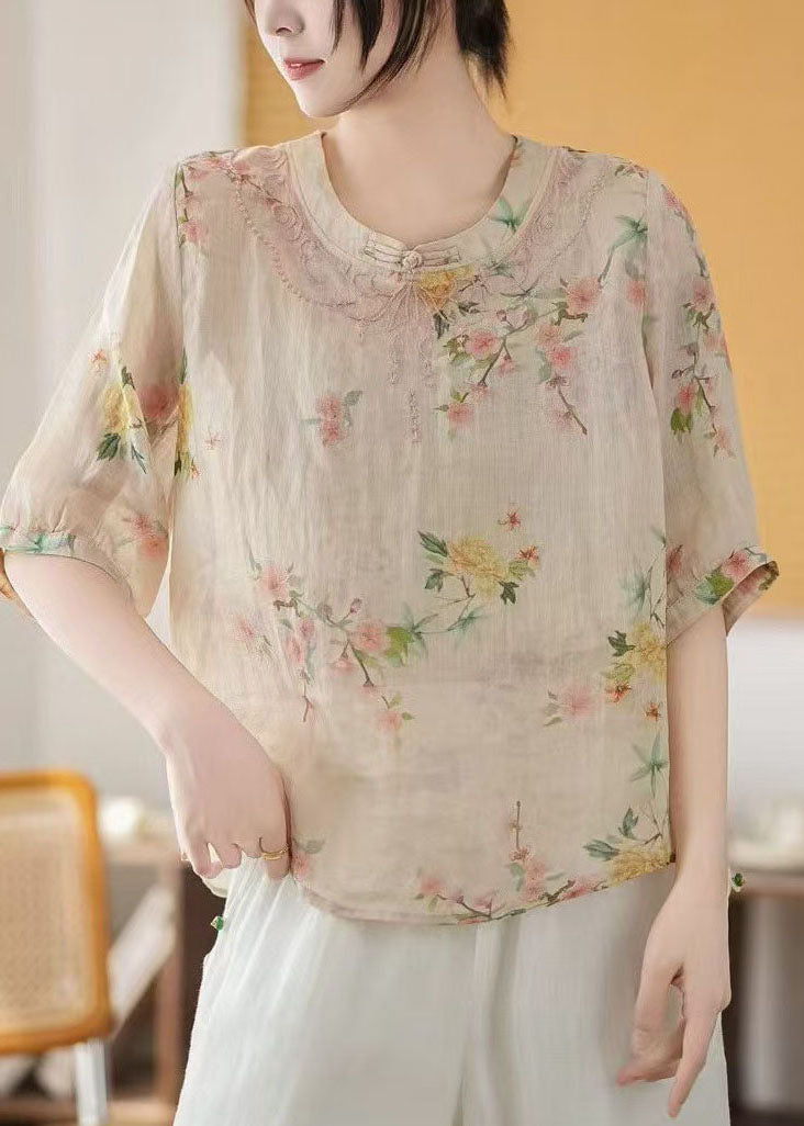 New Retro Apricot Print Linen Chinese Style Tops Summer