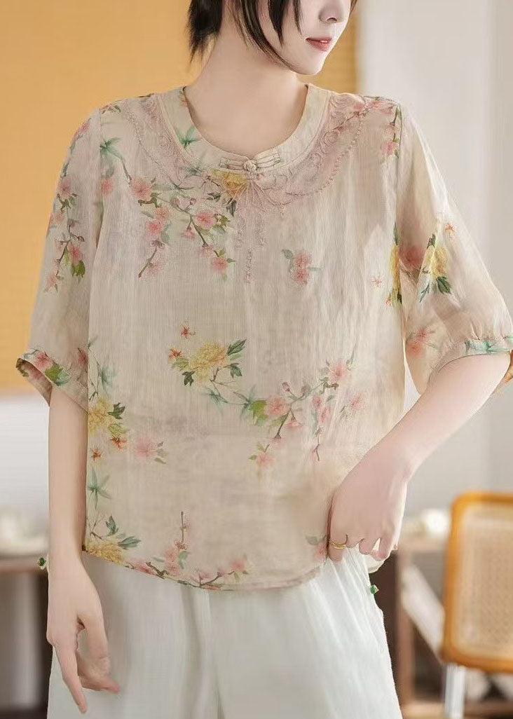New Retro Apricot Print Linen Chinese Style Tops Summer