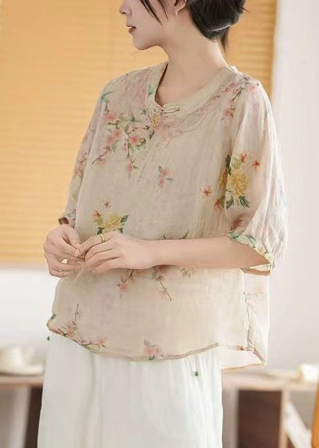 New Retro Apricot Print Linen Chinese Style Tops Summer