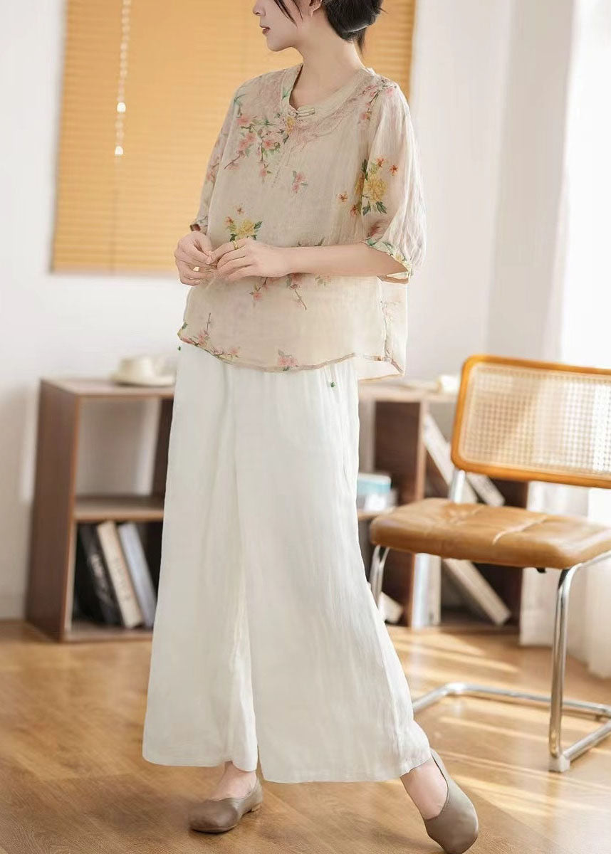 New Retro Apricot Print Linen Chinese Style Tops Summer