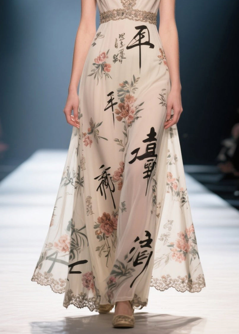 New Retro Apricot V Neck Print Chiffon Long Dress Summer
