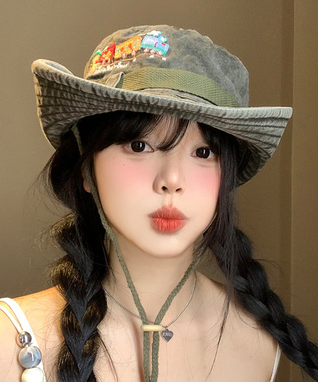 New Retro Army Green Embroidered Large Eaves Cowboy Hat