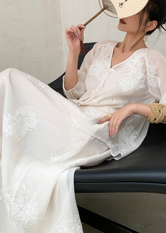 New Retro Beige Embroidered Cotton Two Piece Set Outfits Summer