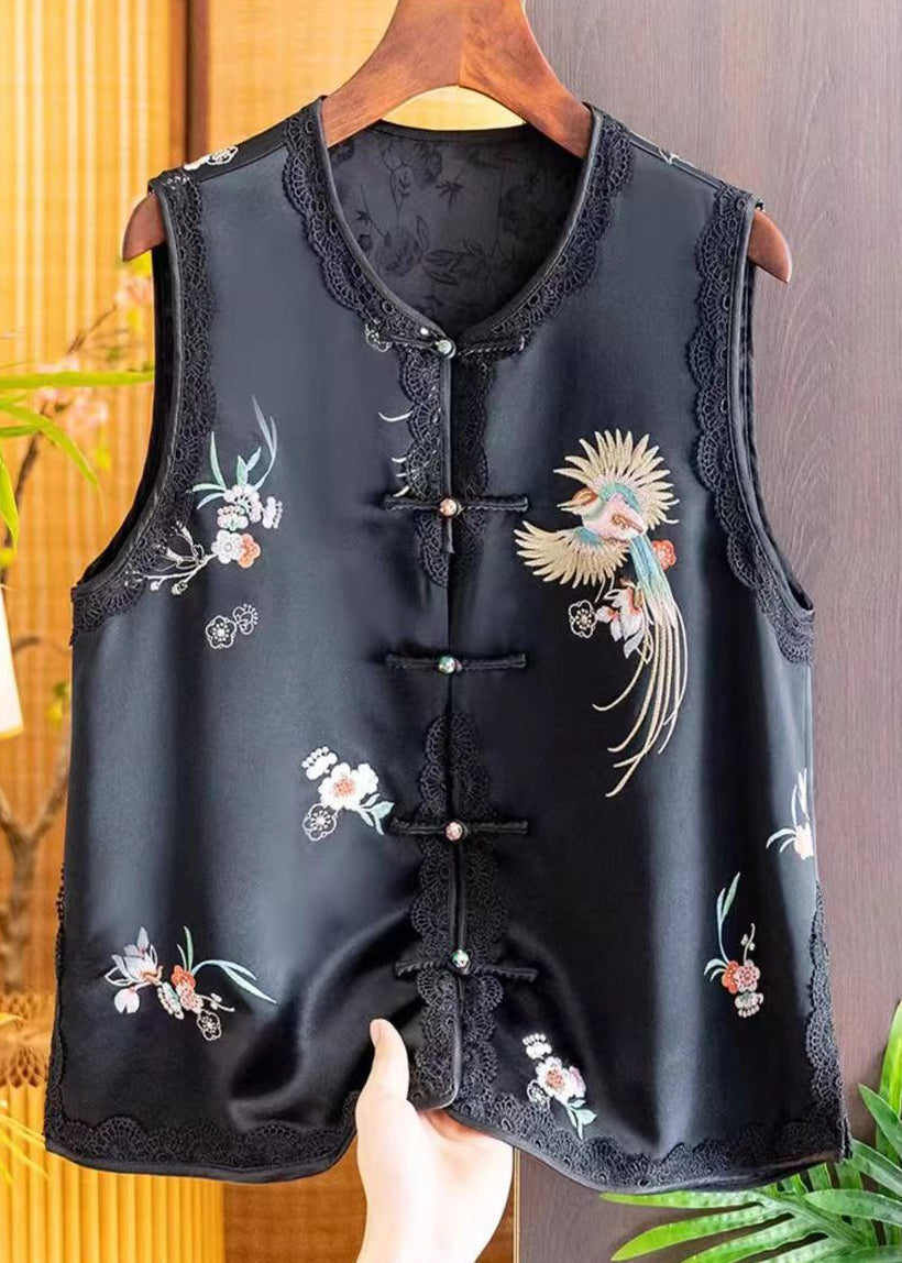 New Retro Black Embroidered Chinese Button Silk Vest Sleeveless