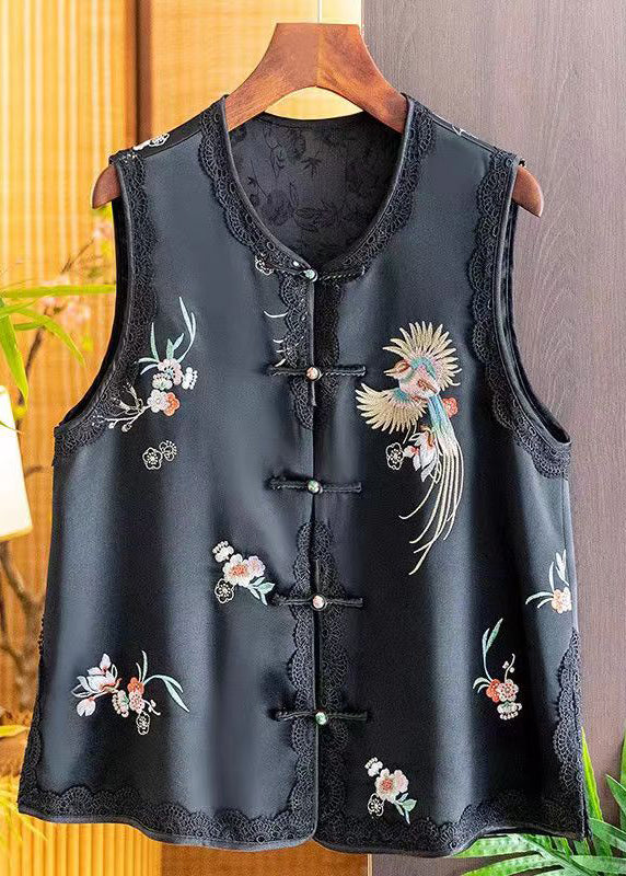 New Retro Black Embroidered Chinese Button Silk Vest Sleeveless