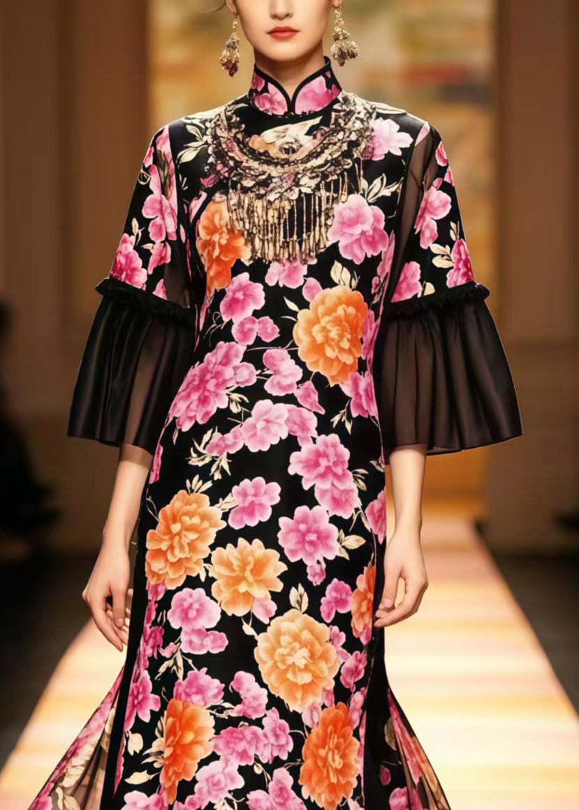 New Retro Black Flower Print Patchwork Silk Party Dresses Flare Sleeve