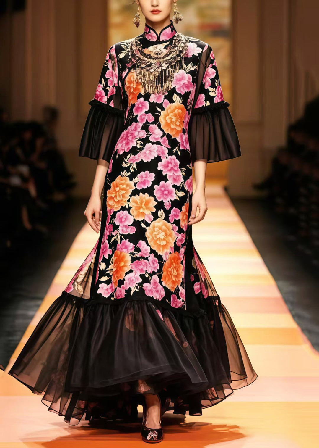 New Retro Black Flower Print Patchwork Silk Party Dresses Flare Sleeve