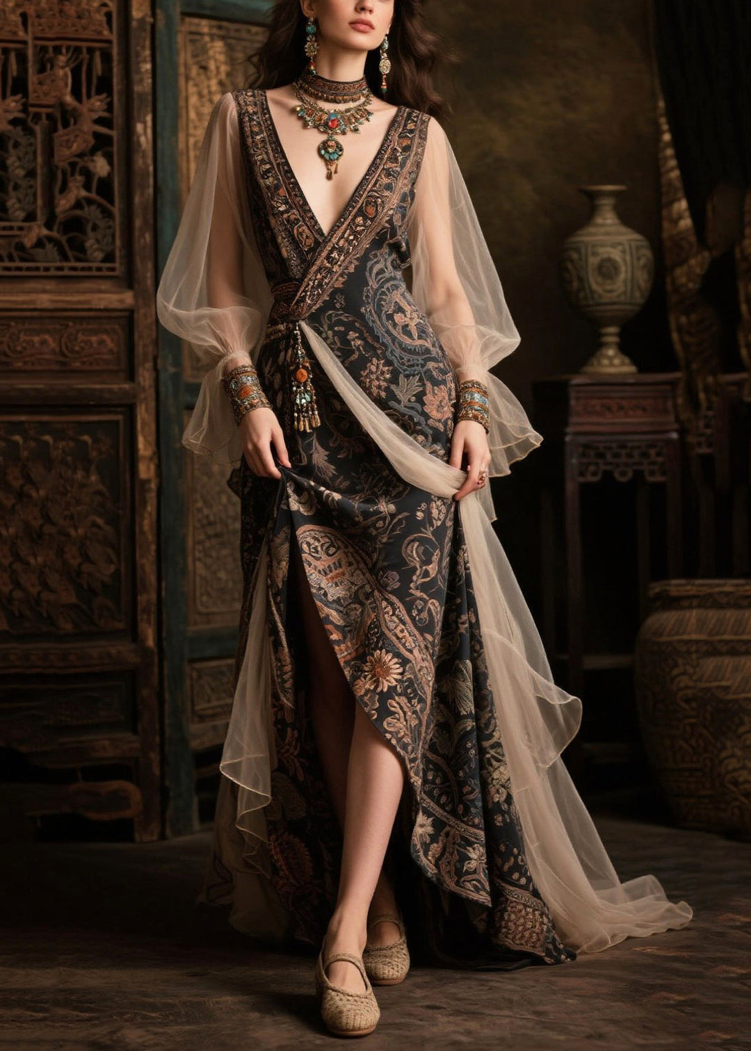 New Retro Black Patchwork Exra Large Hem Chiffon Maxi Dresses Summer
