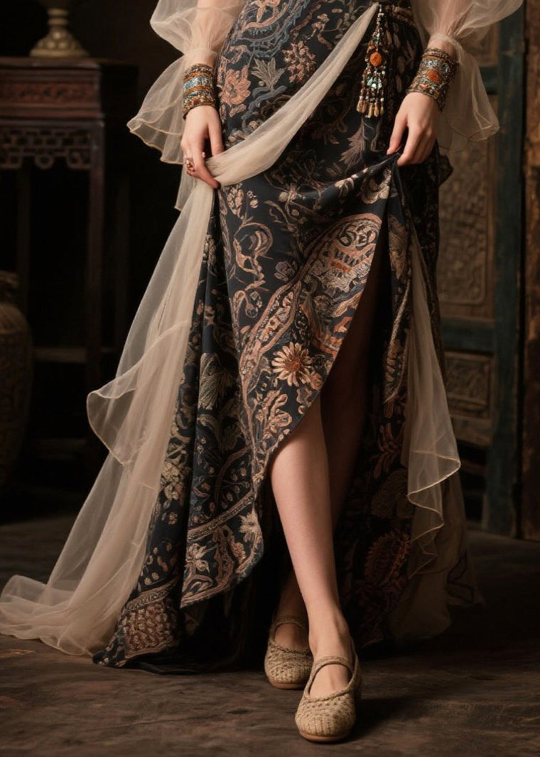 New Retro Black Patchwork Exra Large Hem Chiffon Maxi Dresses Summer