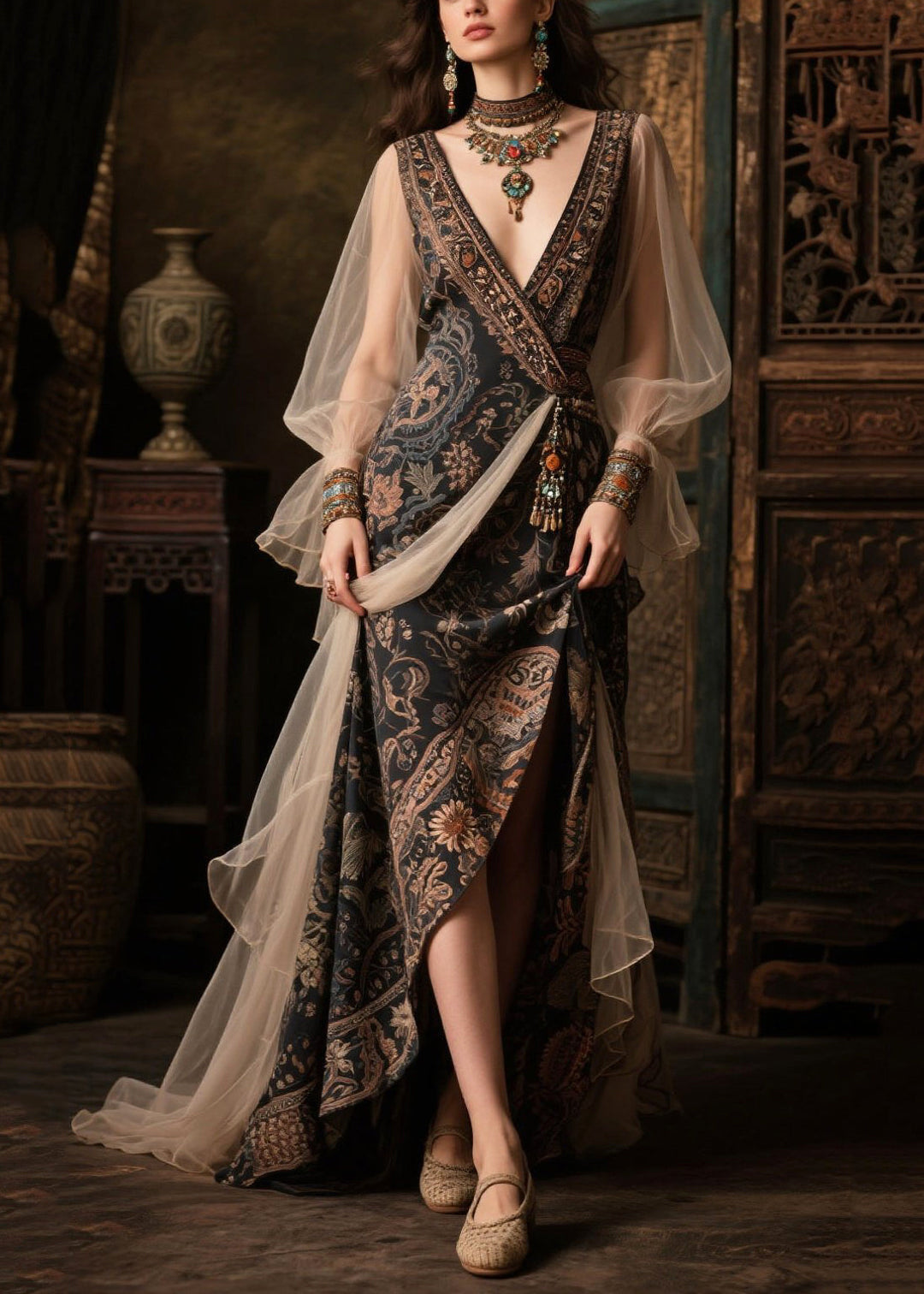 New Retro Black Patchwork Exra Large Hem Chiffon Maxi Dresses Summer
