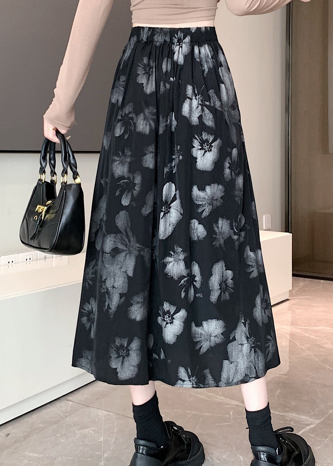 New Retro Black Print High Waist Cotton Pleated Skirt Spring
