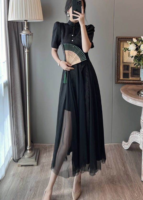 New Retro Black Puff Sleeve Patchwork Tulle Dress Summer