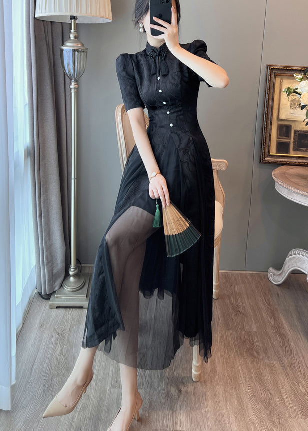 New Retro Black Puff Sleeve Patchwork Tulle Dress Summer