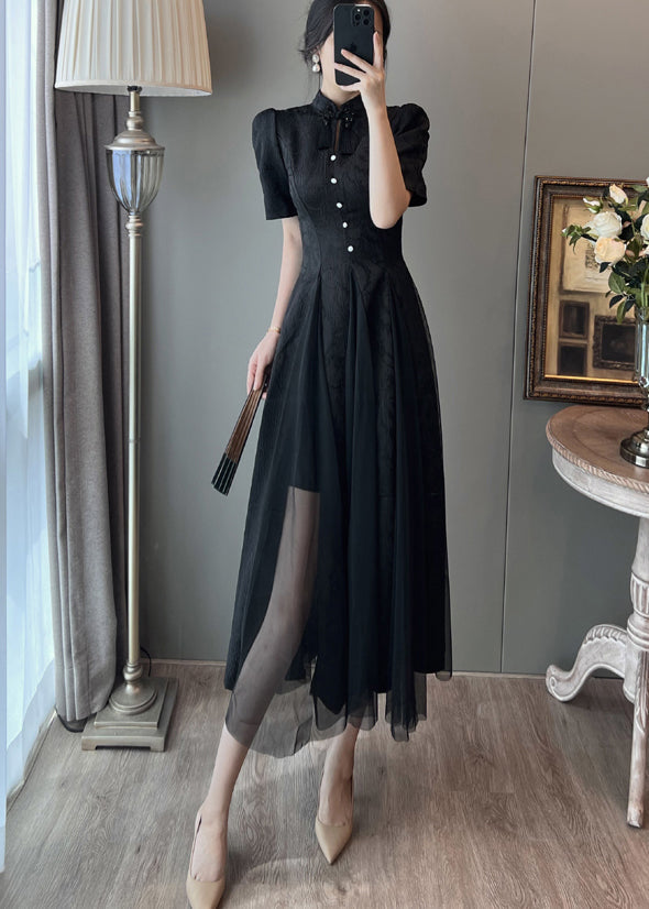 New Retro Black Puff Sleeve Patchwork Tulle Dress Summer