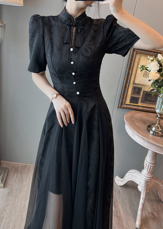 New Retro Black Puff Sleeve Patchwork Tulle Dress Summer
