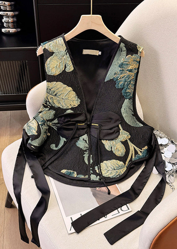 New Retro Black Tasseled Jacquard Silk Vests Summer