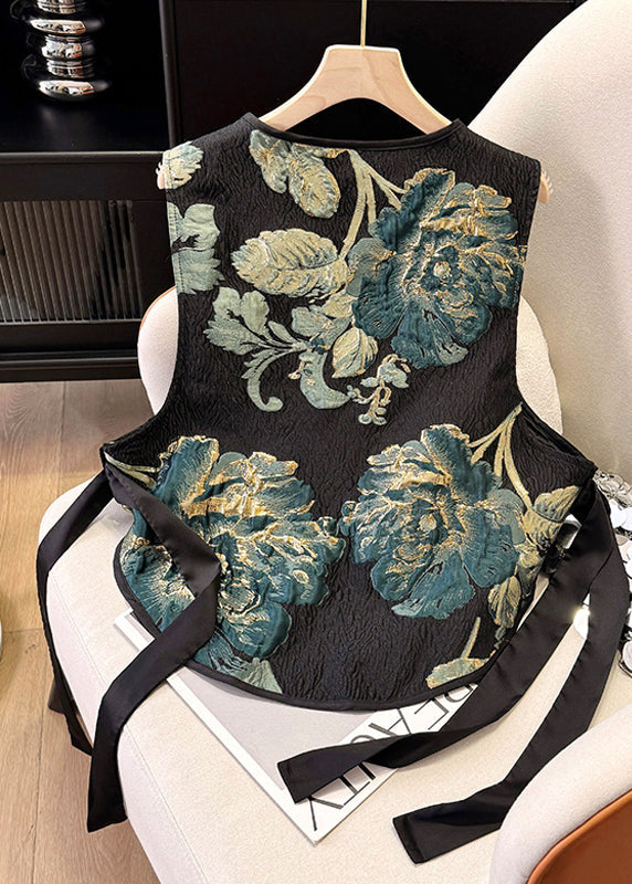 New Retro Black Tasseled Jacquard Silk Vests Summer