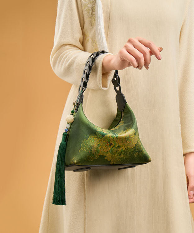 New Retro Blackish Green Print Tassel Silk Tote Bag