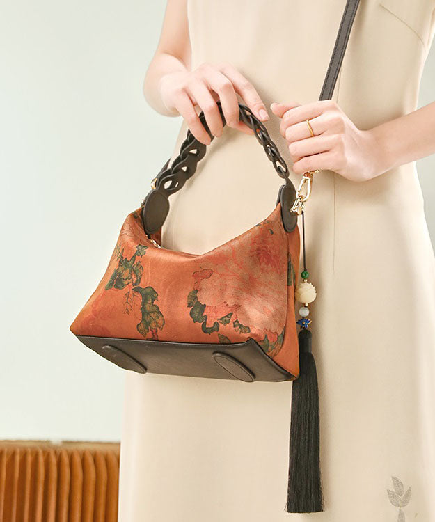 New Retro Blackish Green Print Tassel Silk Tote Bag