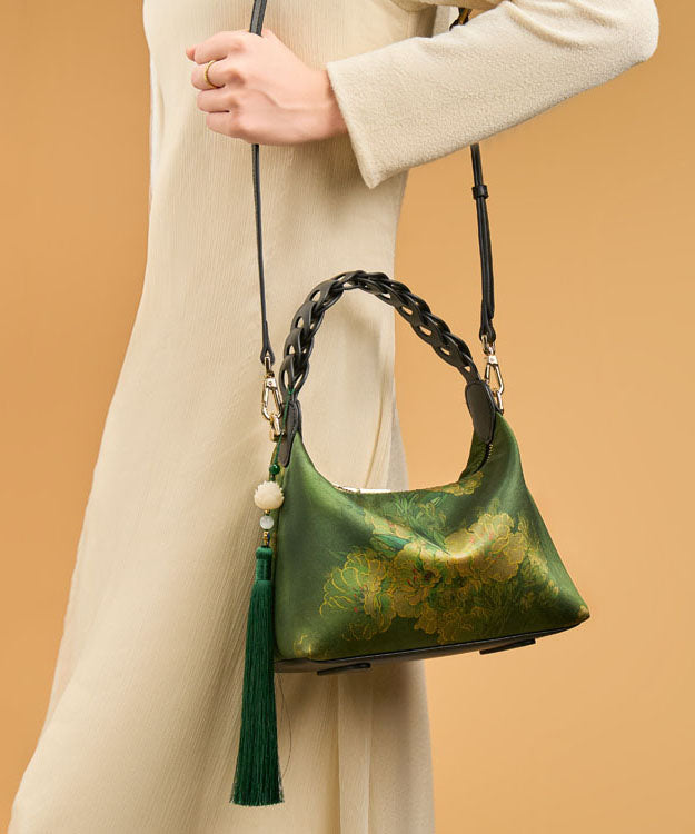 New Retro Blackish Green Print Tassel Silk Tote Bag