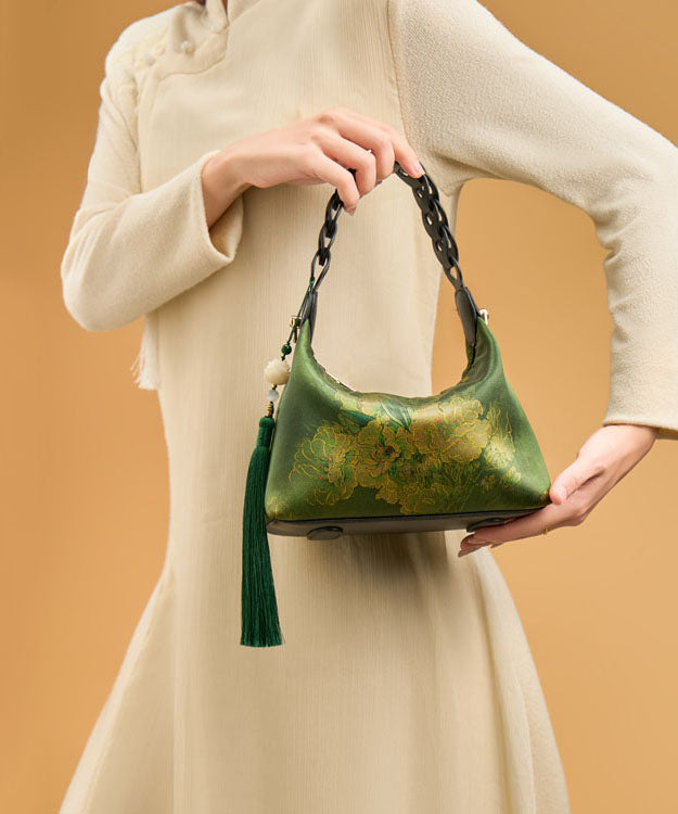 New Retro Blackish Green Print Tassel Silk Tote Bag