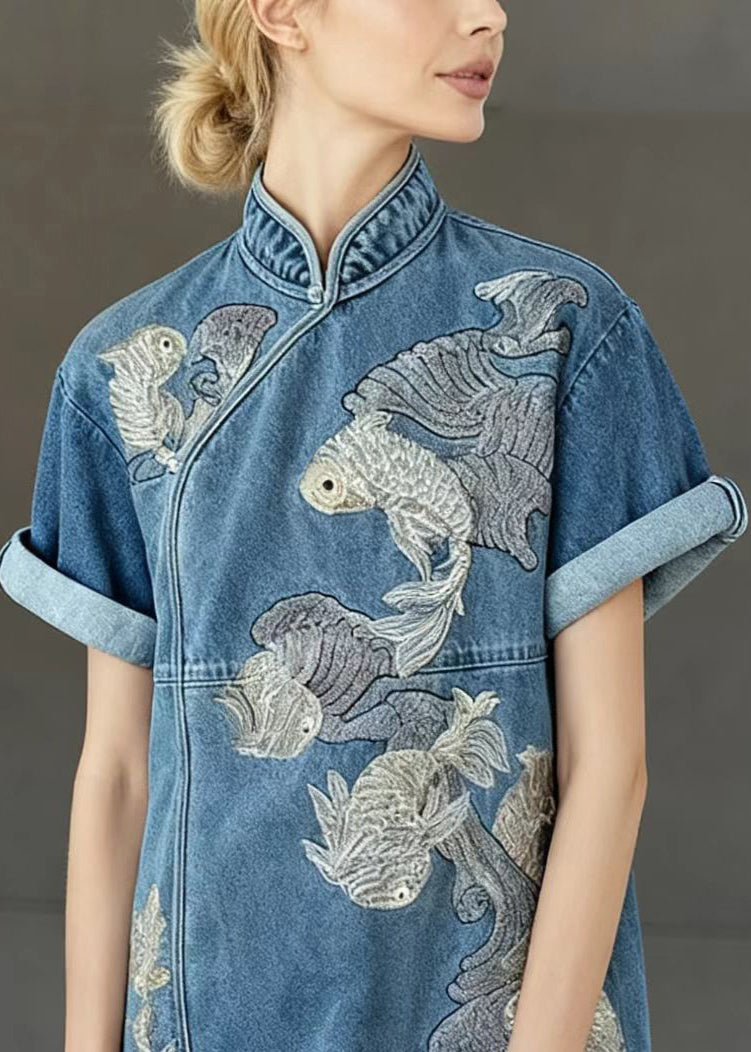 New Retro Blue Mandarin Collar Embroidered Denim Mini Dress Summer