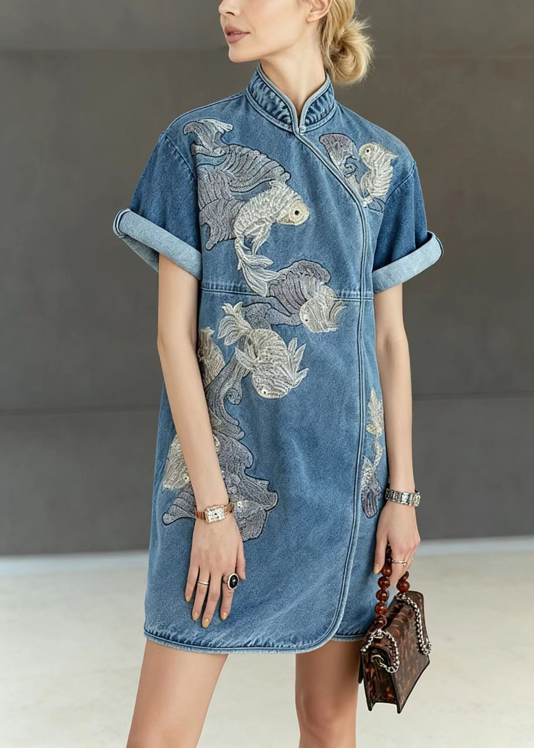 New Retro Blue Mandarin Collar Embroidered Denim Mini Dress Summer